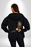 Kartal Özgürlük Kadın Erkek Siyah Kapüşonlu Fermuarlı Baskılı Hırka Sweatshirt