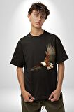 Kartal Özgürlük Pamuklu Bisiklet Yaka Kadın Erkek Oversize Boyfriend Dijital Baskılı Siyah T-shirt