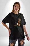 Kartal Özgürlük Pamuklu Bisiklet Yaka Kadın Erkek Oversize Boyfriend Dijital Baskılı Siyah T-shirt