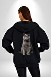 British Shorthair Kedi  Kadın Erkek Siyah Kapüşonlu Fermuarlı Baskılı Hırka Sweatshirt