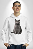 British Shorthair Kedi  Kadın Erkek  Beyaz Kapüşonlu Sweatshirt Hoodie