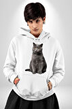 British Shorthair Kedi  Kadın Erkek  Beyaz Kapüşonlu Sweatshirt Hoodie