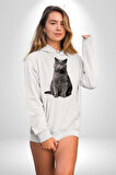 British Shorthair Kedi  Kadın Erkek  Beyaz Kapüşonlu Sweatshirt Hoodie