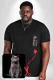 British Shorthair Kedi  Siyah Büyük Beden Kadın Basic Minimal Baskılı Tişört