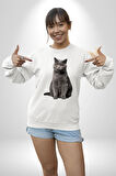 British Shorthair Kedi  Kadın Erkek Beyaz Sweatshirt 