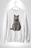 British Shorthair Kedi  Kadın Erkek Beyaz Sweatshirt 