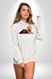 Yorkshire Teacup ve Anne Köpek Kadın Erkek  Beyaz Kapüşonlu Sweatshirt Hoodie