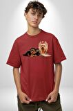 Yorkshire Teacup ve Anne Köpek Pamuklu Bisiklet Yaka Kadın Erkek Oversize Boyfriend Dijital Baskılı Kırmızı T-shirt