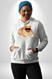 Pomernian Köpek Kadın Erkek  Beyaz Kapüşonlu Sweatshirt Hoodie