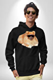 Pomernian Köpek Kadın Erkek  Siyah Kapüşonlu Sweatshirt Hoodie