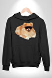 Pomernian Köpek Kadın Erkek  Siyah Kapüşonlu Sweatshirt Hoodie