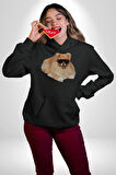 Pomernian Köpek Kadın Erkek  Siyah Kapüşonlu Sweatshirt Hoodie