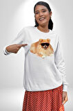 Pomernian Köpek Kadın Erkek Beyaz Sweatshirt 