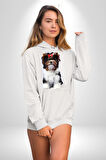 Biewer Yorshire Terrier Kadın Erkek  Beyaz Kapüşonlu Sweatshirt Hoodie