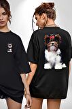 Biewer Yorshire Terrier Siyah Oversize Kadın Erkek Ön ve Sırt Baskılı Tişört