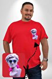 Kulaklık Gözlük Pop Art Heykel Kırmızı Büyük Beden Kadın Basic Minimal Baskılı Tişört