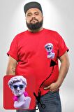 Kulaklık Gözlük Pop Art Heykel Kırmızı Büyük Beden Kadın Basic Minimal Baskılı Tişört