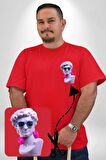 Kulaklık Gözlük Pop Art Heykel Kırmızı Büyük Beden Kadın Basic Minimal Baskılı Tişört