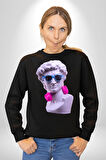 Kulaklık Gözlük Pop Art Heykel Kadın Erkek Siyah Sweatshirt 