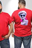 Kulaklık Gözlük Pop Art Heykel Büyük Beden Kırmızı Tişört Kadın Erkek Ünisex Sırt Baskılı