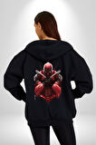 Deadpool Kadın Erkek Siyah Kapüşonlu Fermuarlı Baskılı Hırka Sweatshirt