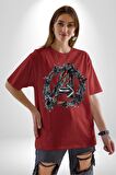 Avangera Motozenn Pamuklu Bisiklet Yaka Kadın Erkek Oversize Boyfriend Dijital Baskılı Kırmızı T-shirt
