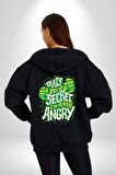 Bu Benim Sırrım Her Zaman Kızgınım Kadın Erkek Siyah Kapüşonlu Fermuarlı Baskılı Hırka Sweatshirt