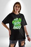 Bu Benim Sırrım Her Zaman Kızgınım Pamuklu Bisiklet Yaka Kadın Erkek Oversize Boyfriend Dijital Baskılı Siyah T-shirt