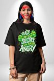 Bu Benim Sırrım Her Zaman Kızgınım Pamuklu Bisiklet Yaka Kadın Erkek Oversize Boyfriend Dijital Baskılı Siyah T-shirt