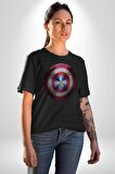 Kaptan Amerika Kalkan Kadın Erkek Unisex Siyah Organik Baskılı T-Shirt Penye Yüksek Kalite