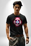 Kaptan Amerika Kalkan Kadın Erkek Unisex Siyah Organik Baskılı T-Shirt Penye Yüksek Kalite
