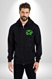 Minecraft Creeper Kadın Erkek Siyah Kapüşonlu Fermuarlı Baskılı Hırka Sweatshirt