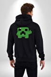 Minecraft Creeper Kadın Erkek Siyah Kapüşonlu Fermuarlı Baskılı Hırka Sweatshirt