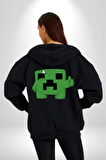 Minecraft Creeper Kadın Erkek Siyah Kapüşonlu Fermuarlı Baskılı Hırka Sweatshirt
