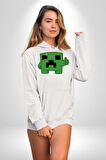 Minecraft Creeper Kadın Erkek  Beyaz Kapüşonlu Sweatshirt Hoodie