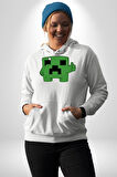 Minecraft Creeper Kadın Erkek  Beyaz Kapüşonlu Sweatshirt Hoodie