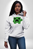 Minecraft Creeper Kadın Erkek  Beyaz Kapüşonlu Sweatshirt Hoodie
