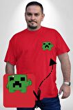 Minecraft Creeper Kırmızı Büyük Beden Kadın Basic Minimal Baskılı Tişört