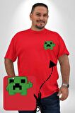 Minecraft Creeper Kırmızı Büyük Beden Kadın Basic Minimal Baskılı Tişört