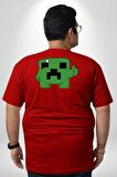 Minecraft Creeper Büyük Beden Kırmızı Tişört Kadın Erkek Ünisex Sırt Baskılı