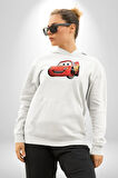 Şimşek McQueen Arabalar Kadın Erkek  Beyaz Kapüşonlu Sweatshirt Hoodie
