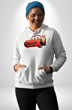 Şimşek McQueen Arabalar Kadın Erkek  Beyaz Kapüşonlu Sweatshirt Hoodie