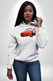 Şimşek McQueen Arabalar Kadın Erkek  Beyaz Kapüşonlu Sweatshirt Hoodie
