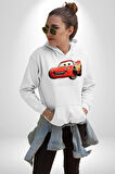 Şimşek McQueen Arabalar Kadın Erkek  Beyaz Kapüşonlu Sweatshirt Hoodie