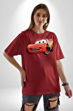 Şimşek McQueen Arabalar Pamuklu Bisiklet Yaka Kadın Erkek Oversize Boyfriend Dijital Baskılı Kırmızı T-shirt