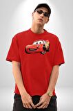 Şimşek McQueen Arabalar Pamuklu Bisiklet Yaka Kadın Erkek Oversize Boyfriend Dijital Baskılı Kırmızı T-shirt