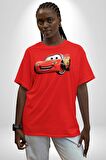 Şimşek McQueen Arabalar Pamuklu Bisiklet Yaka Kadın Erkek Oversize Boyfriend Dijital Baskılı Kırmızı T-shirt