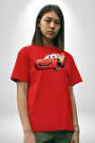 Şimşek McQueen Arabalar Pamuklu Bisiklet Yaka Kadın Erkek Oversize Boyfriend Dijital Baskılı Kırmızı T-shirt