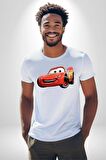 Şimşek McQueen Arabalar Kadın Erkek Unisex Beyaz Organik Baskılı T-Shirt Penye Yüksek Kalite