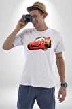 Şimşek McQueen Arabalar Kadın Erkek Unisex Beyaz Organik Baskılı T-Shirt Penye Yüksek Kalite